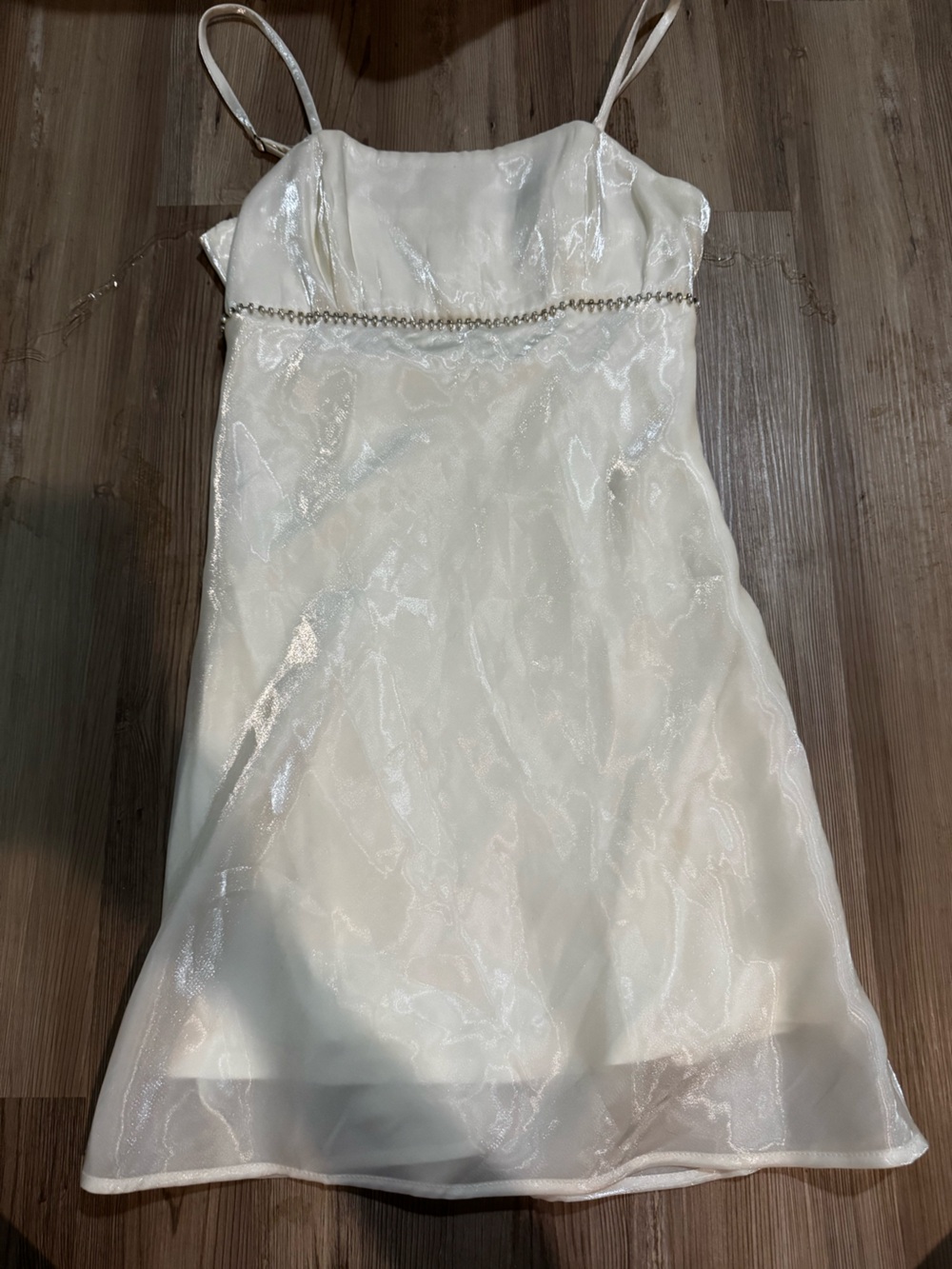Elegant White Spaghetti-Strap Wedding Dress with Beaded Waist